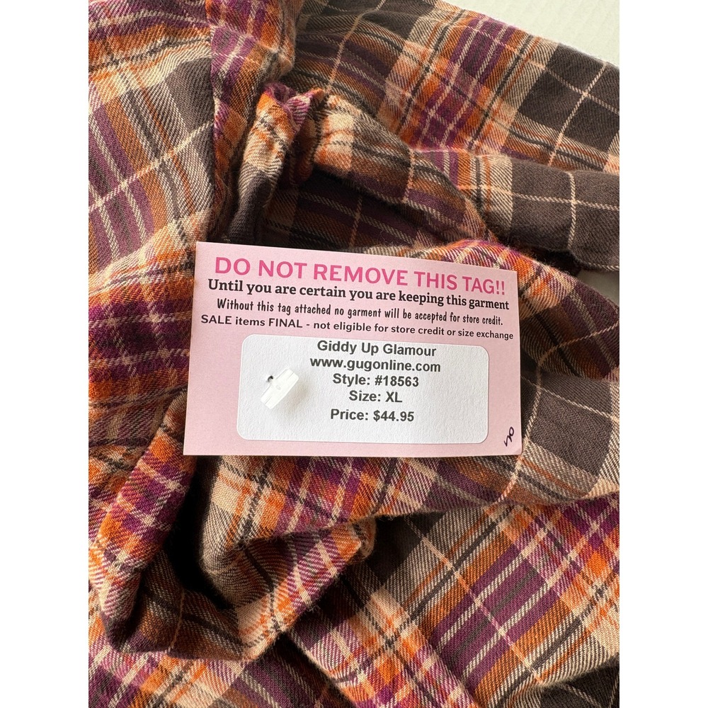 Giddy Up Glamour Womens XL Plaid Patchwork Tunic Top Orange Purple Boho NWT - Picture 5 of 9